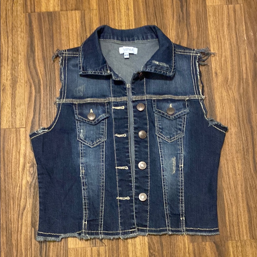 Sleeveless Distressed Dark Blue Denim Vest